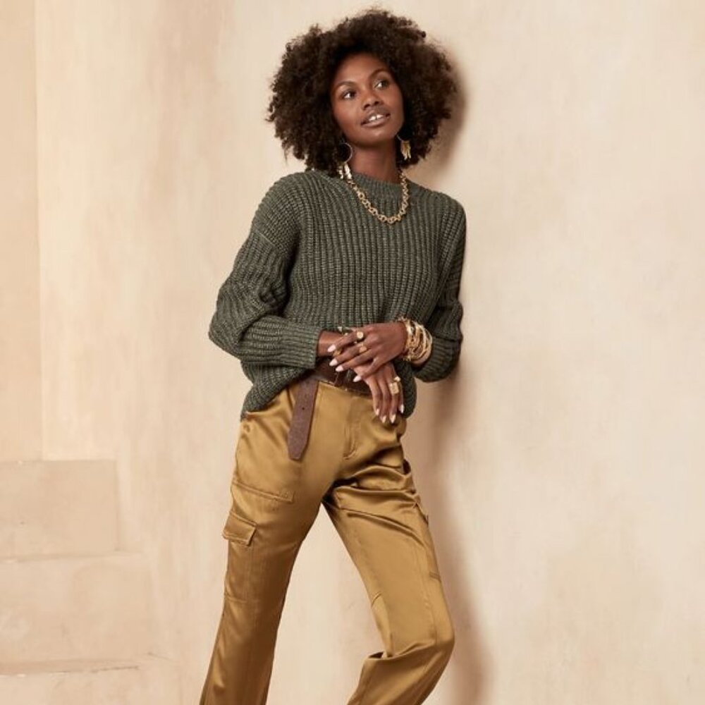 Banana Republic Green Oversized 100% Cotton Crew Neck Sweater Chunky Knit Small